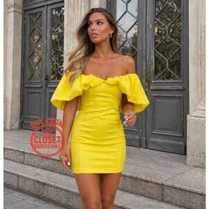 Zara Yellow Off Shoulder Ruffle Mini Dress Fitted Party Vacation NWT S M